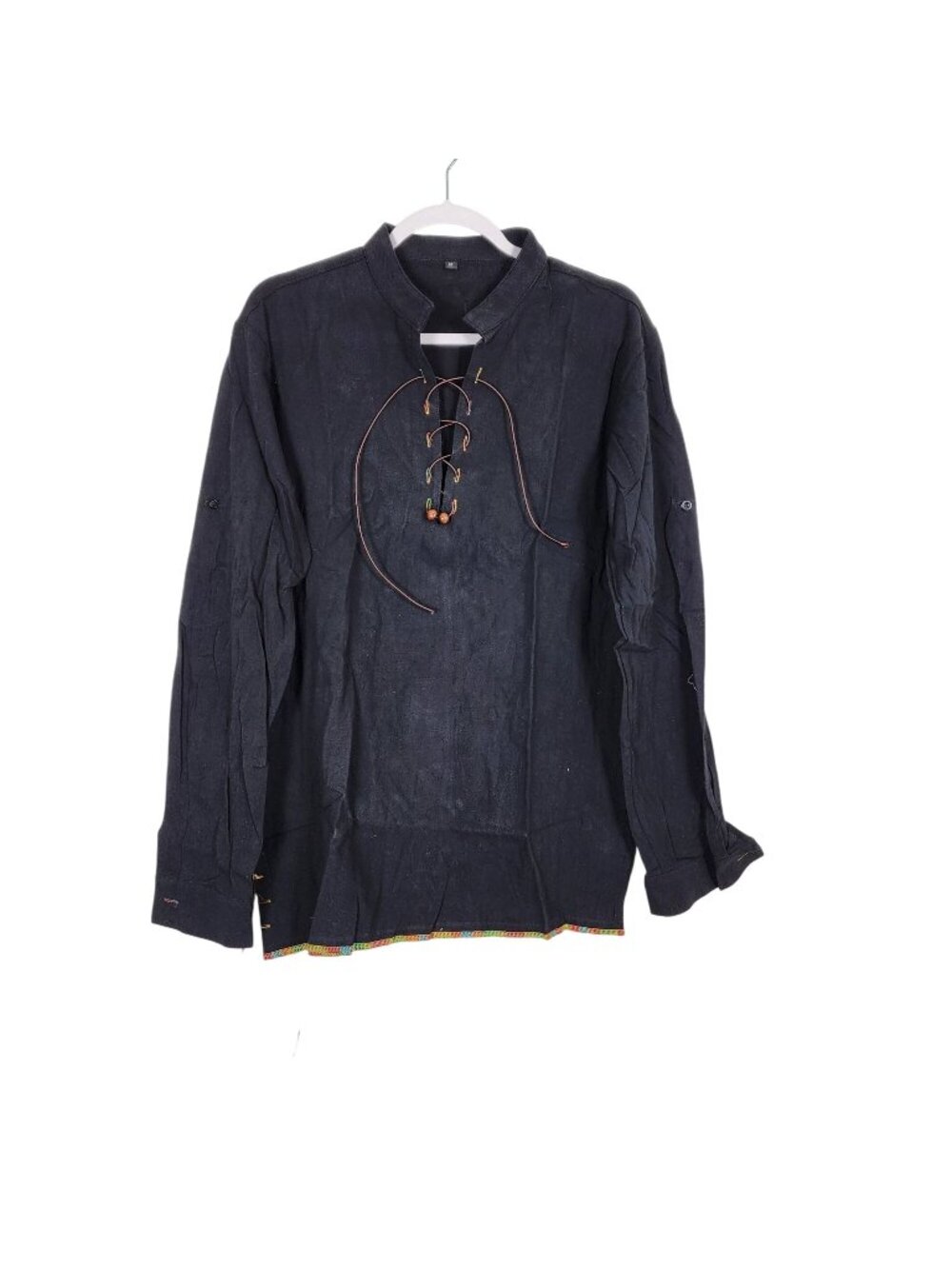 Black Long-Sleeve Lace-Up Mens Shirt  Colorful Hem Trim Size M Casual Boho